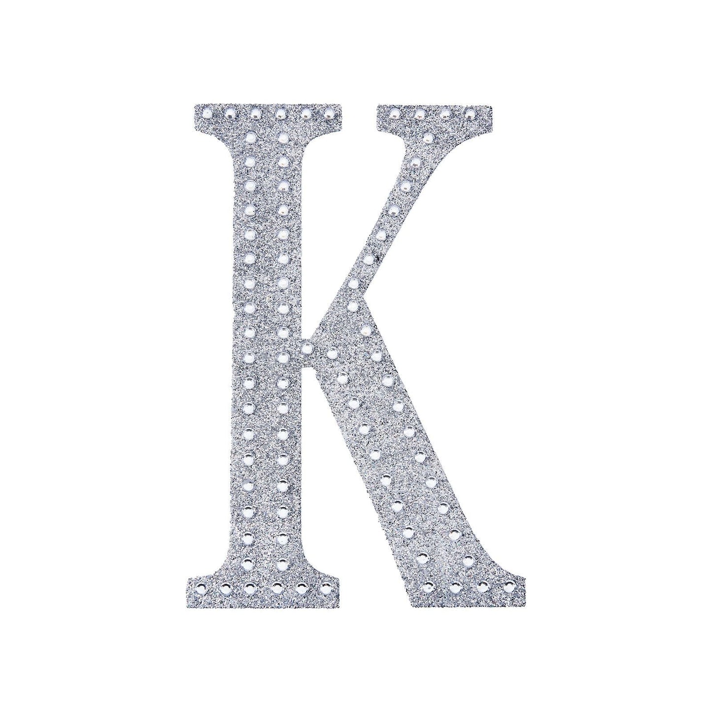Silver decorative rhinestone letter sticker "K" for DIY crafts.