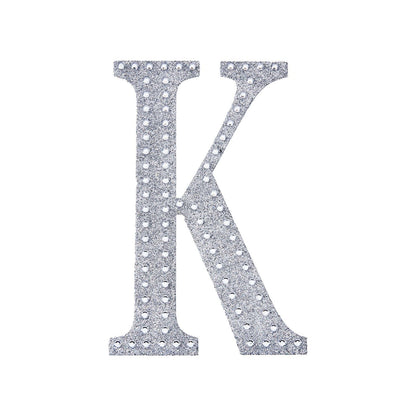 Silver decorative rhinestone letter sticker "K" for DIY crafts.
