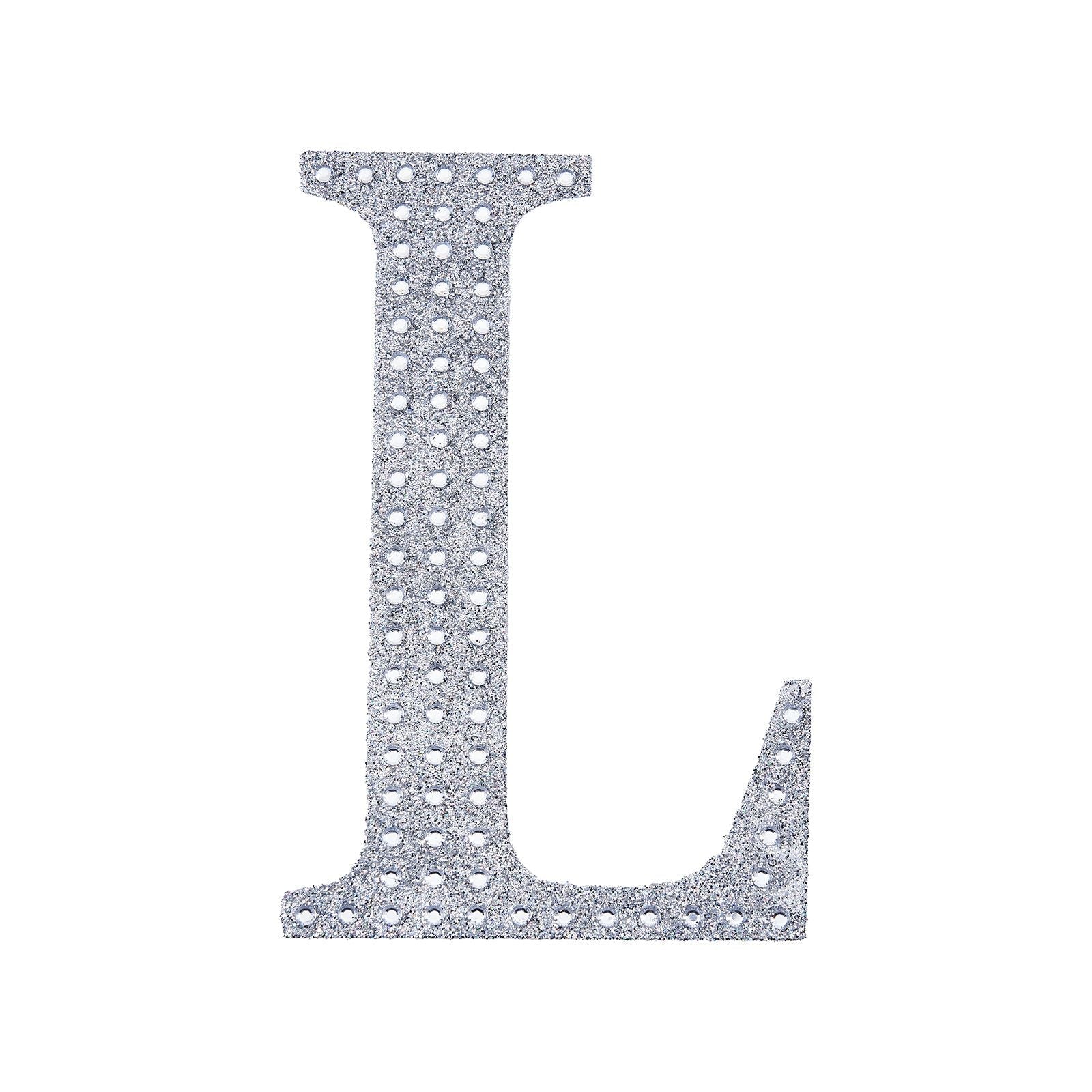 Silver rhinestone letter "L" sticker for DIY crafts.