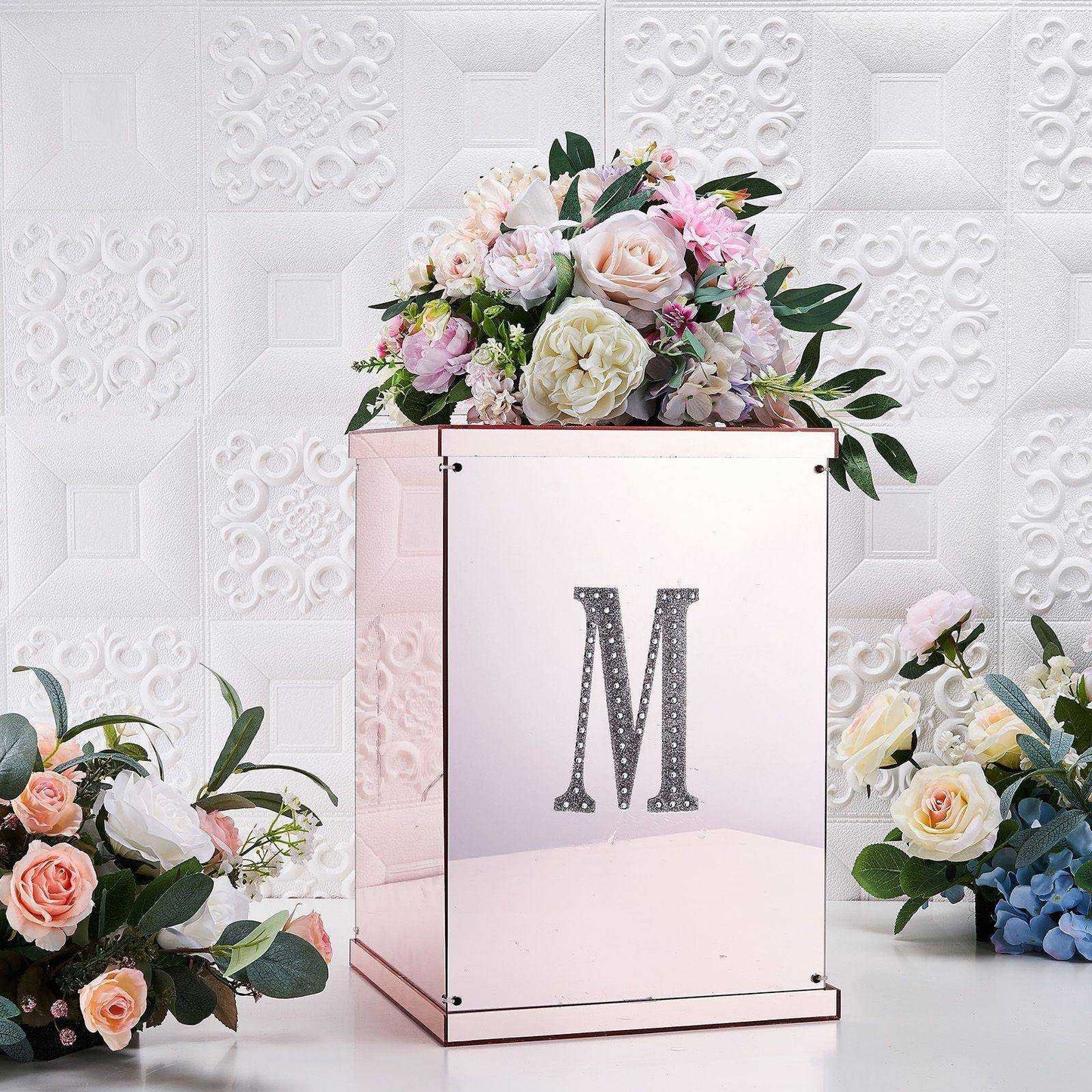 Silver decorative rhinestone letter sticker "M" for DIY crafts.