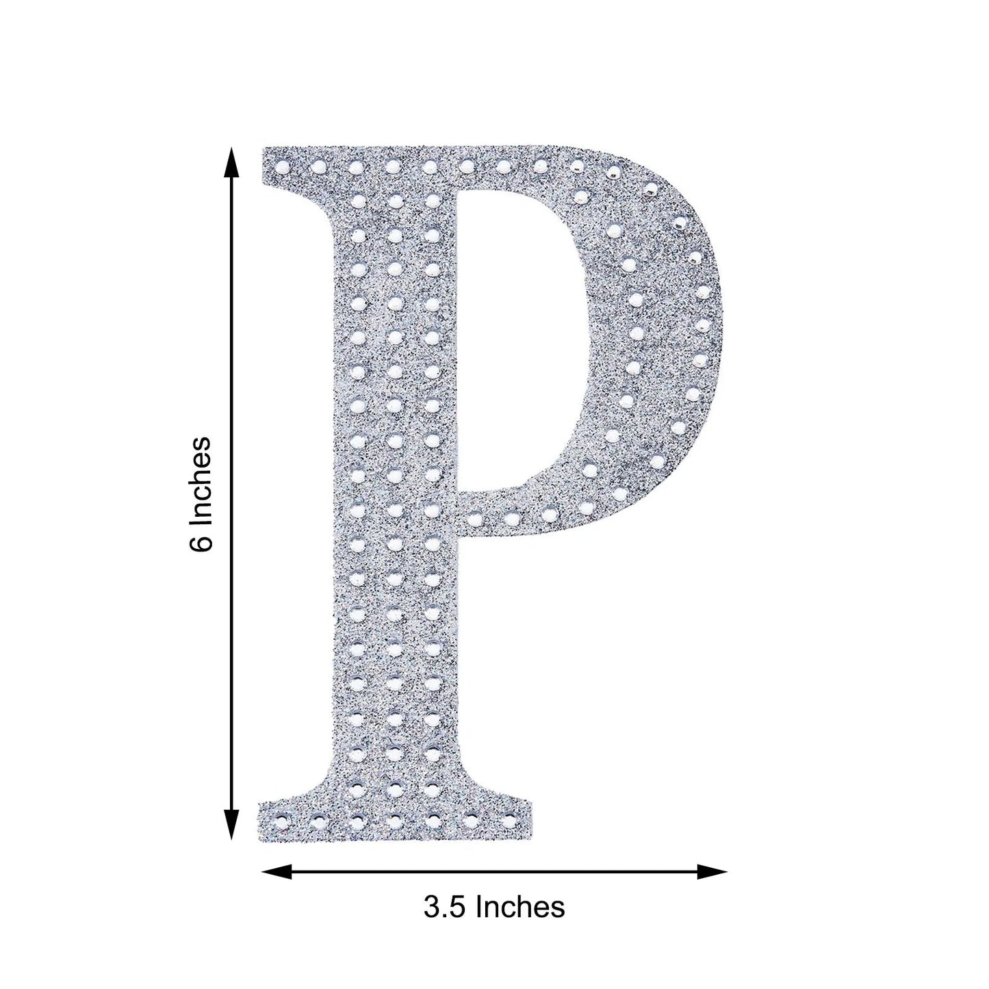 Silver rhinestone letter "P" sticker for DIY crafts, 6 inches tall.