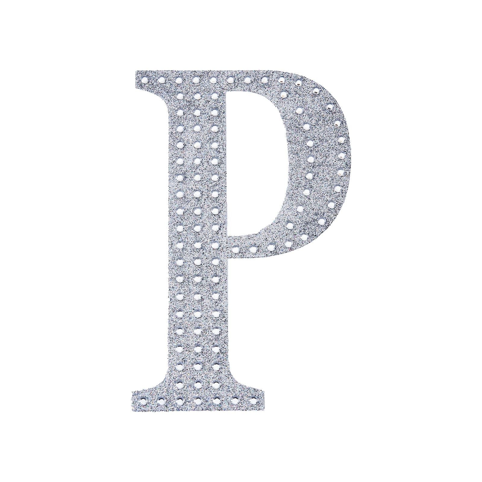 Silver decorative rhinestone letter sticker "P" for DIY crafts.