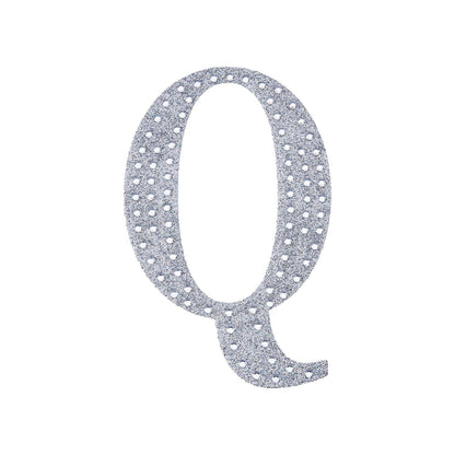 Silver decorative rhinestone letter sticker "Q" for DIY crafts.