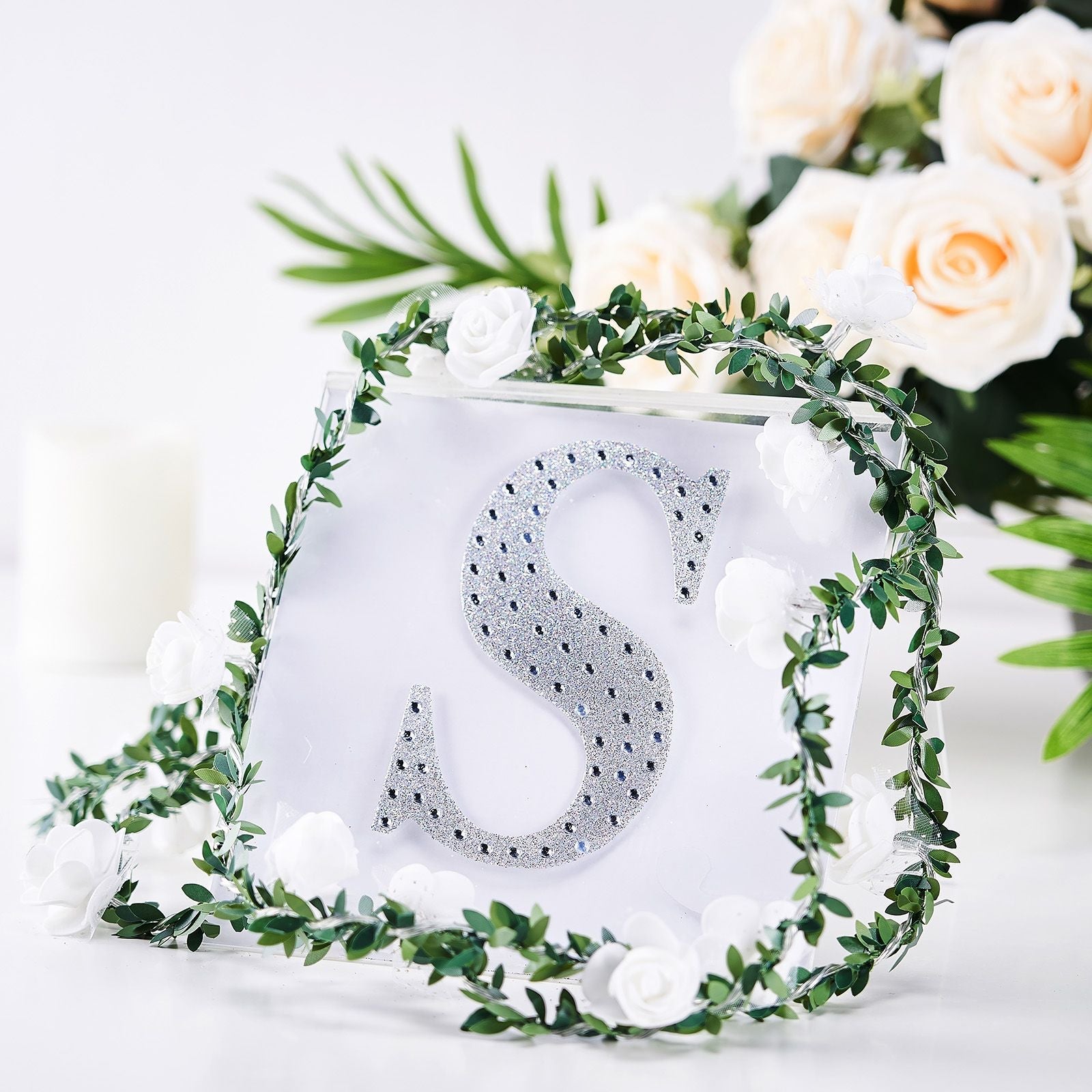 Silver decorative rhinestone letter "S" sticker for DIY crafts.