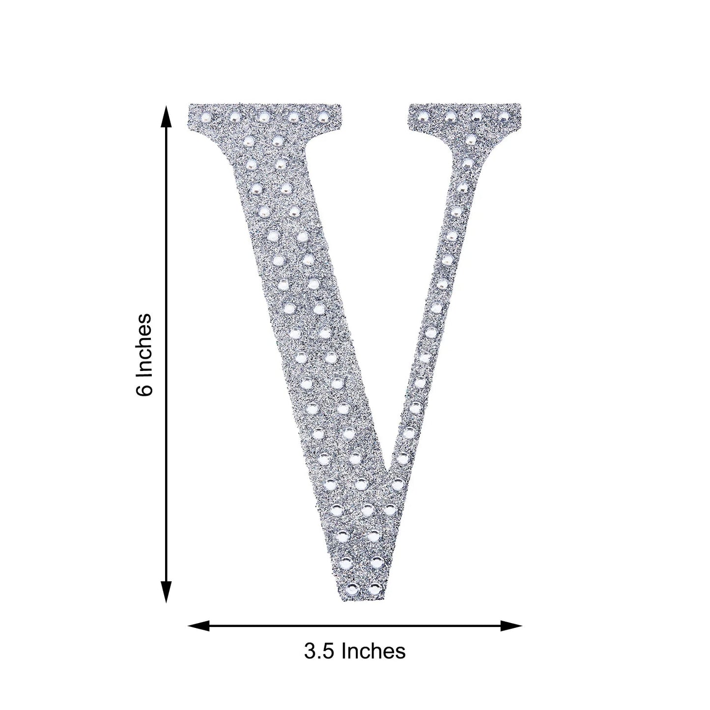 Silver decorative rhinestone letter sticker "V" for DIY crafts.