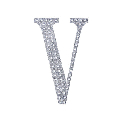 Silver decorative rhinestone letter sticker "V" for DIY crafts.