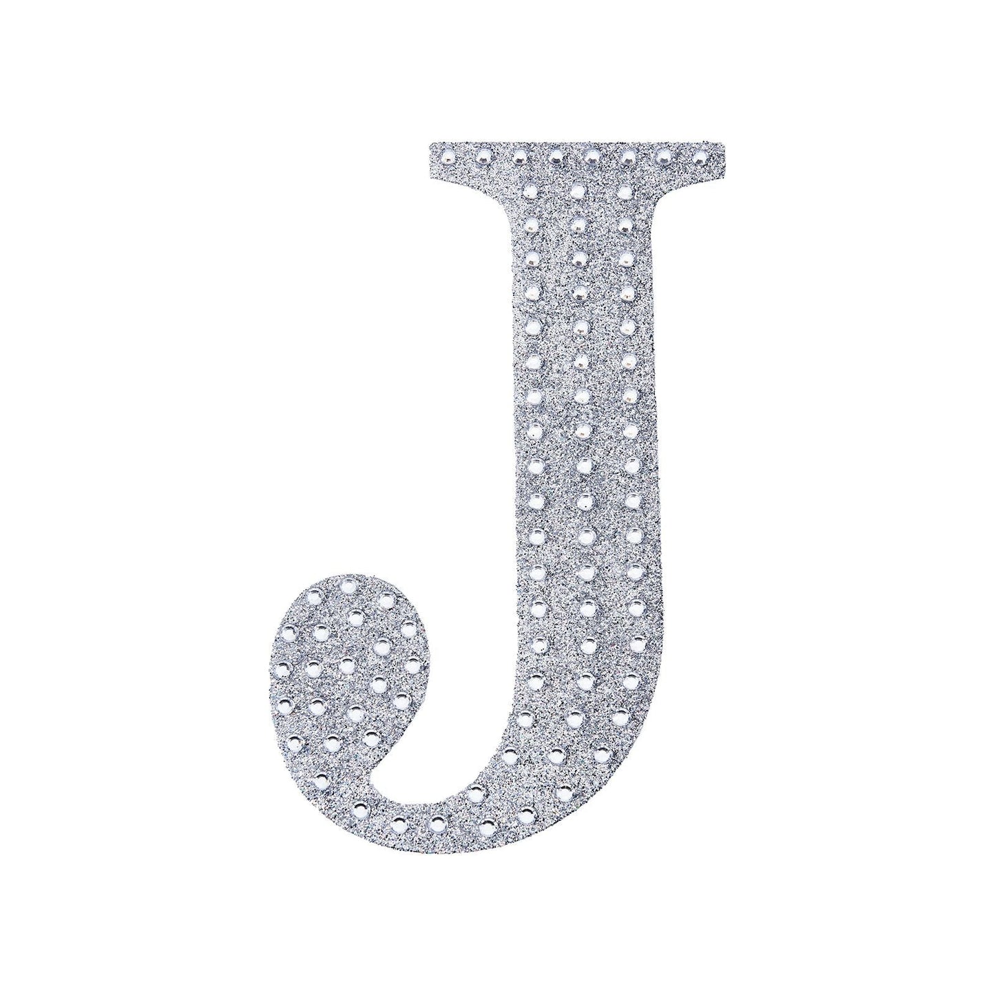 Silver decorative rhinestone letter sticker "J" for DIY crafts.