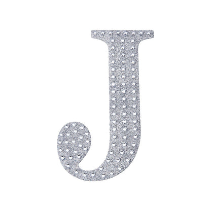 Silver decorative rhinestone letter sticker "J" for DIY crafts.