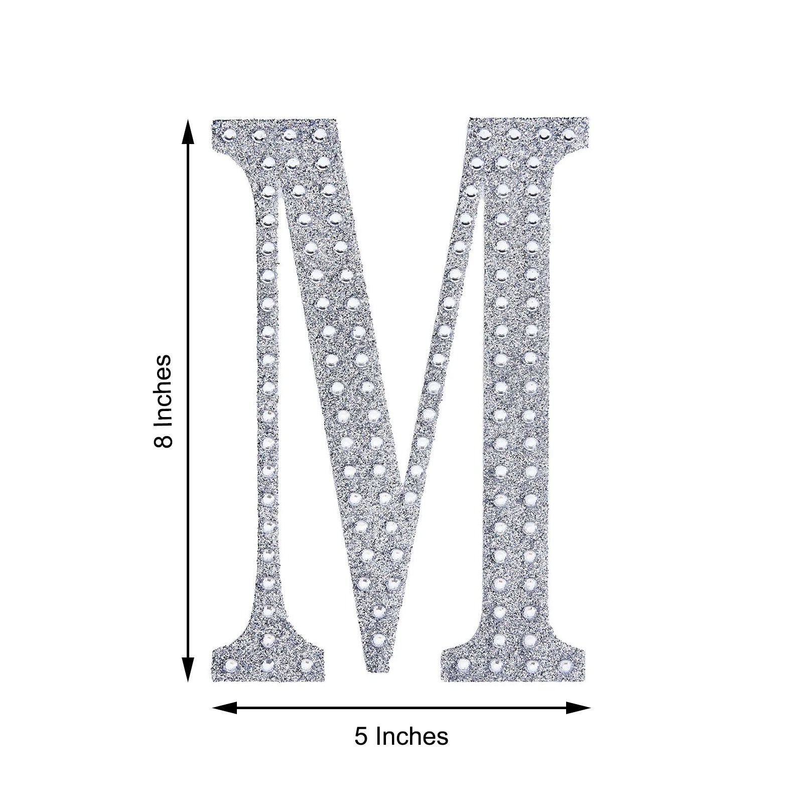 Silver decorative rhinestone letter "M" sticker for DIY crafts.