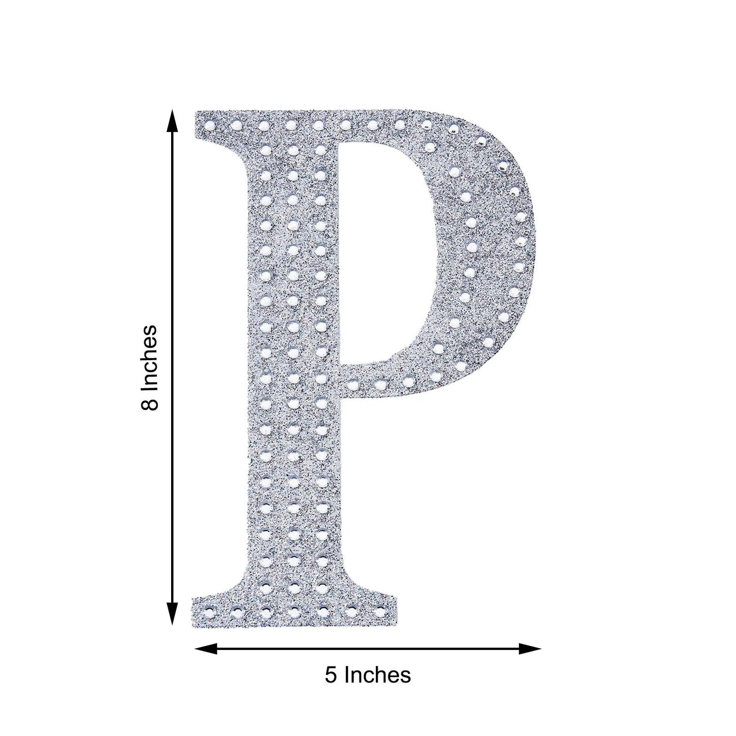 Silver rhinestone letter "P" sticker for DIY crafts.