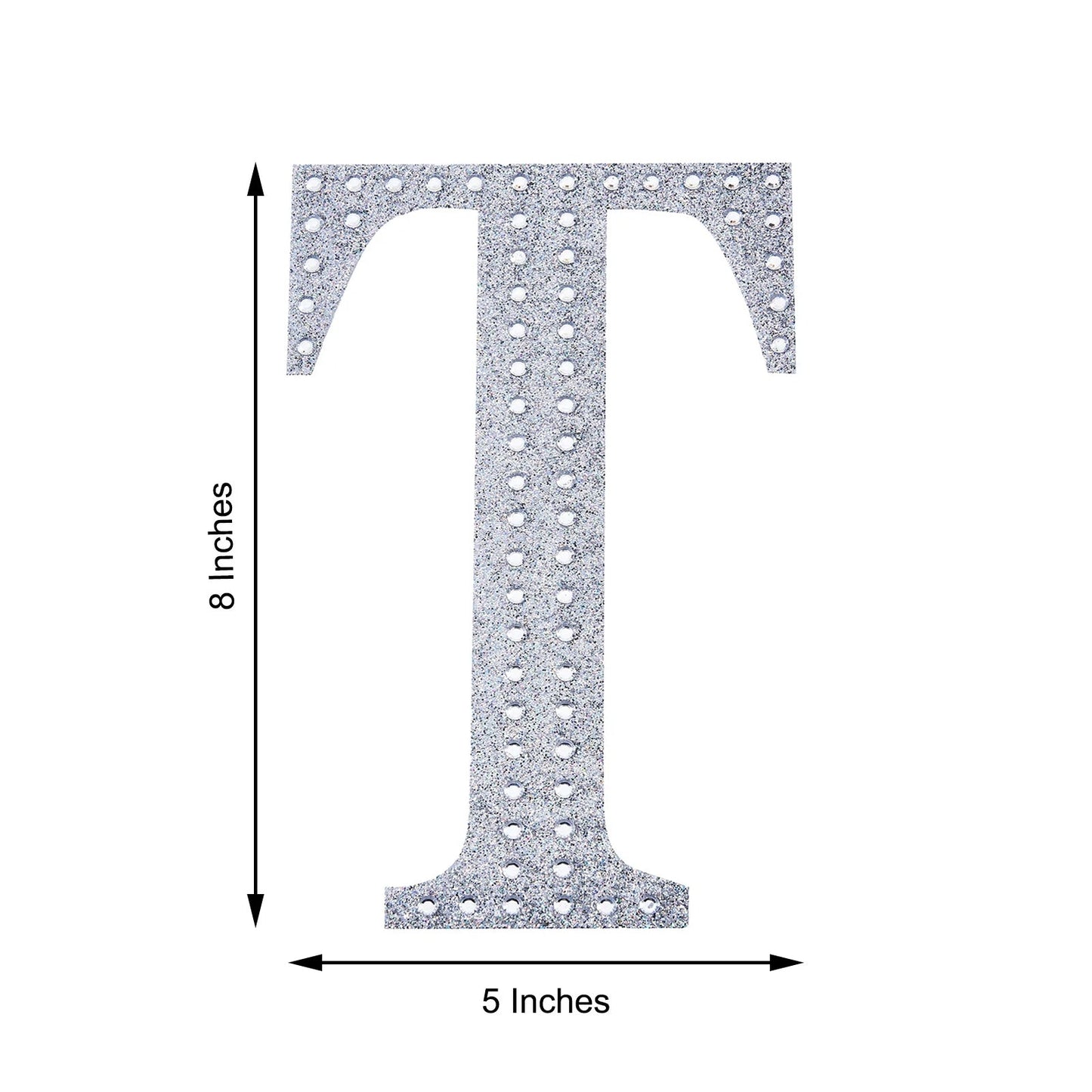 Silver decorative rhinestone letter "T" for DIY crafts.