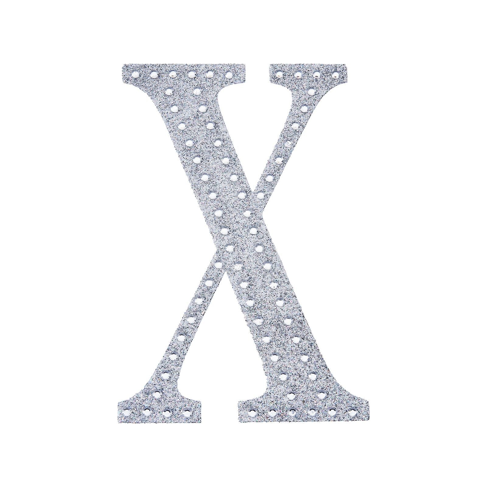 Silver decorative rhinestone letter "X" sticker for DIY crafts.