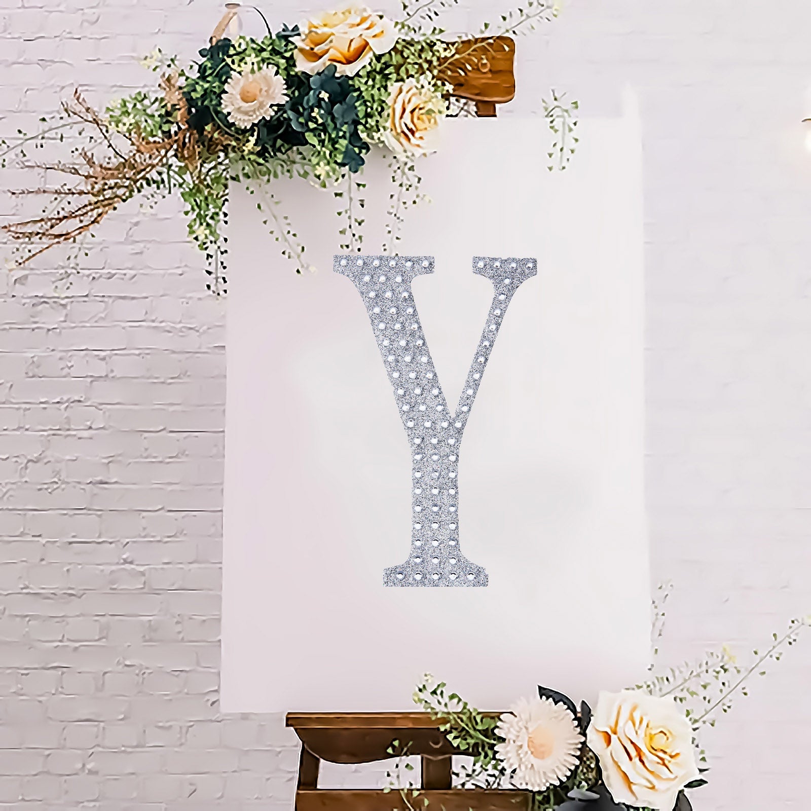 Silver decorative rhinestone letter "Y" for DIY crafts.