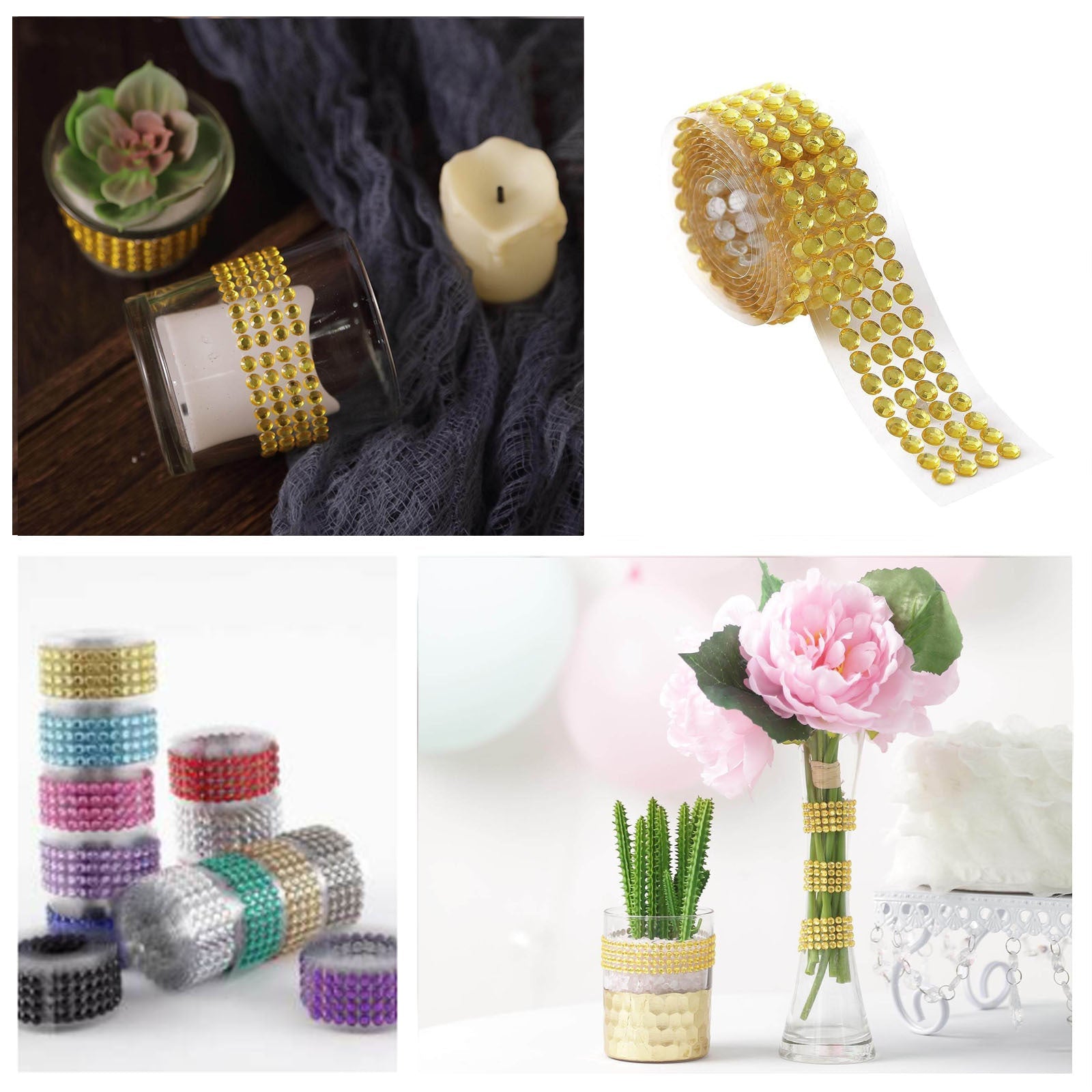 Gold stick-on rhinestone tape for DIY projects and decorations.