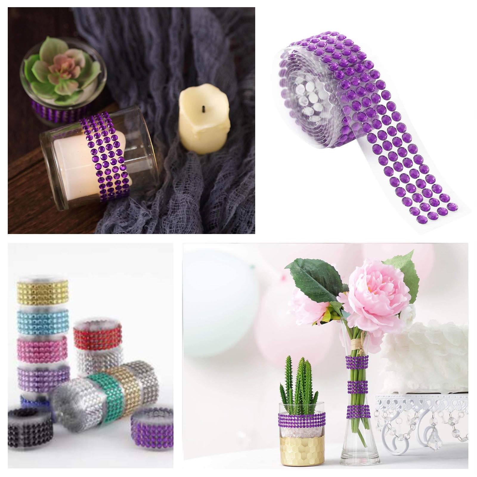 3ft purple stick-on rhinestone tape for DIY projects and decorations.