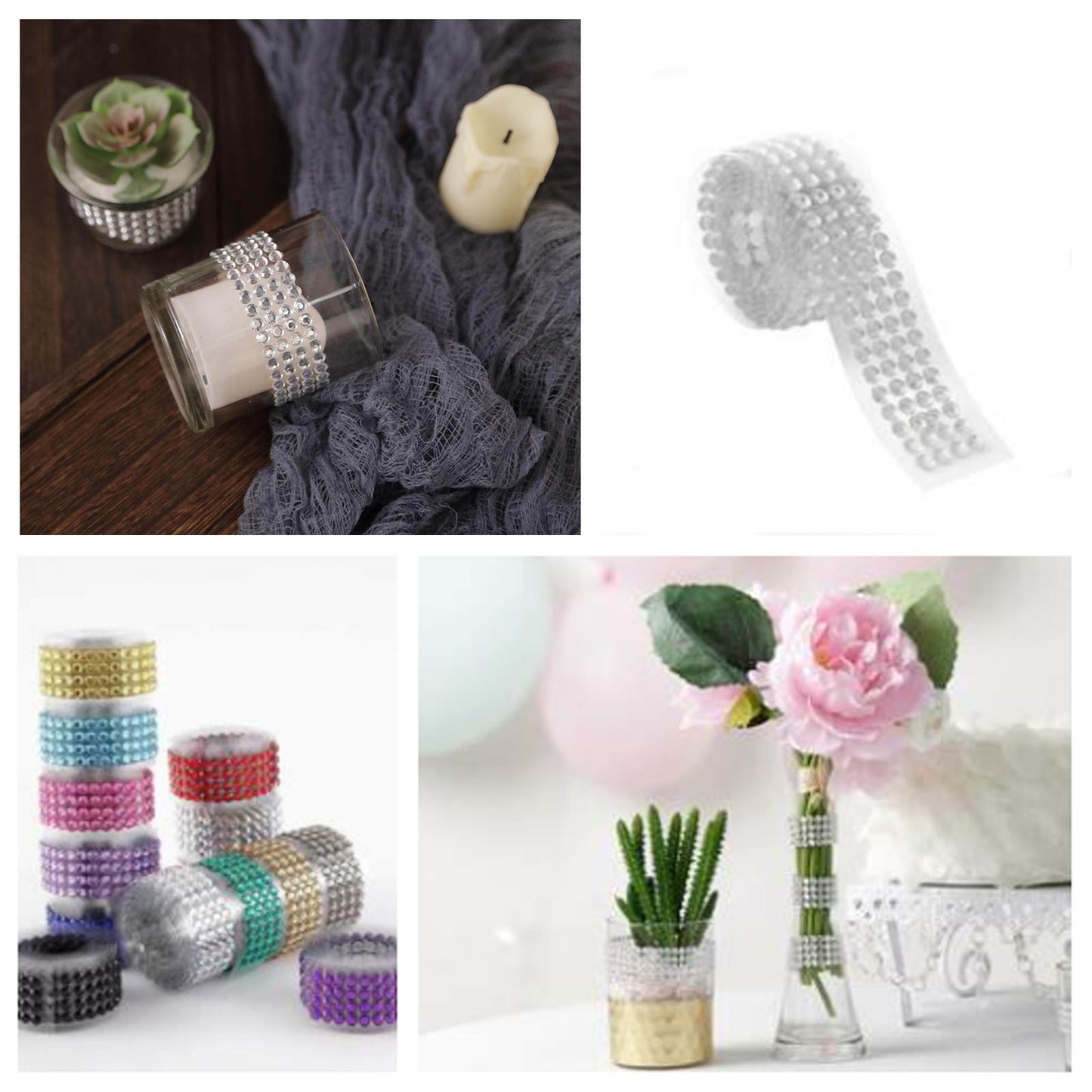 3ft silver stick-on rhinestone tape for DIY projects and decorations.