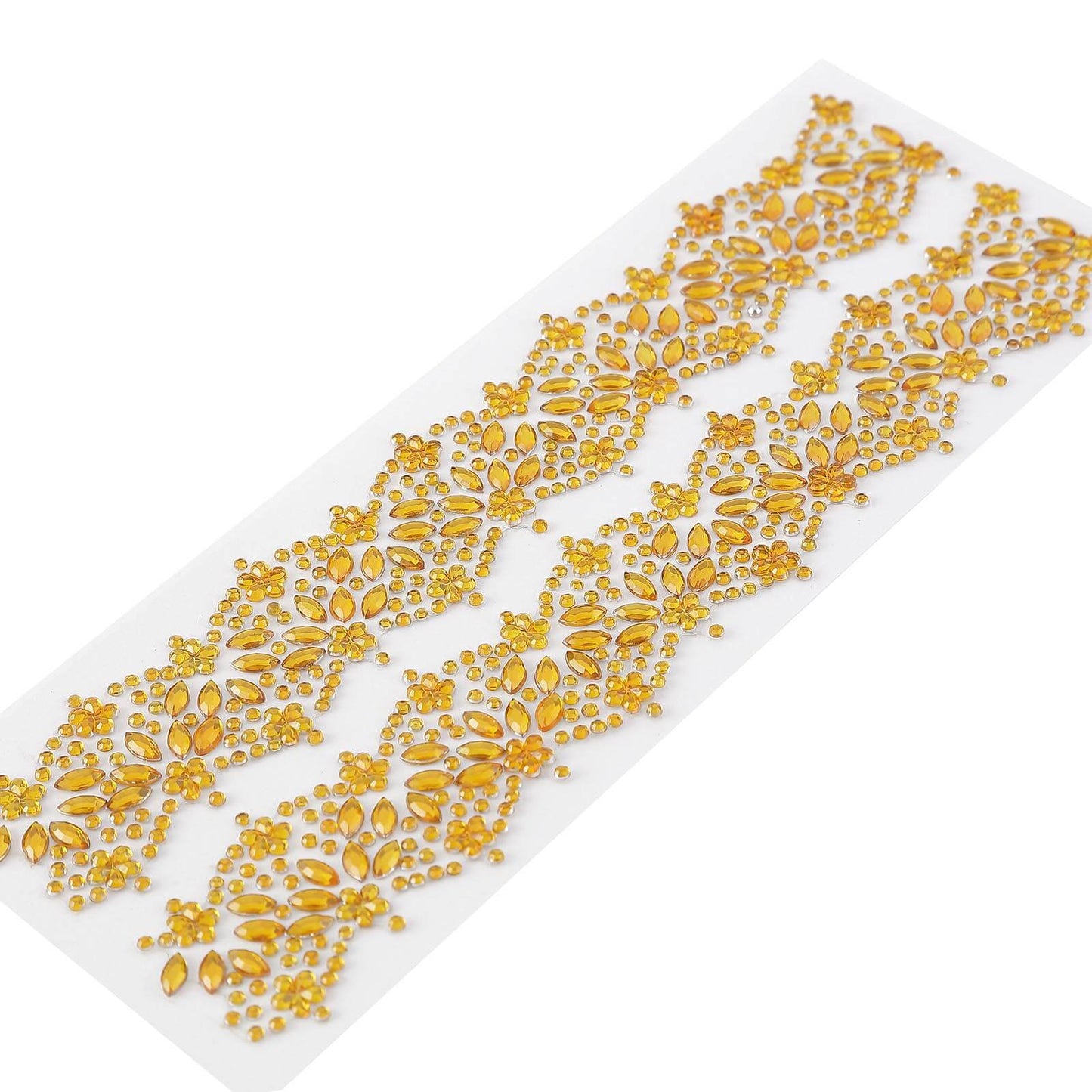 Gold floral trim rhinestone stickers with self-adhesive backing.