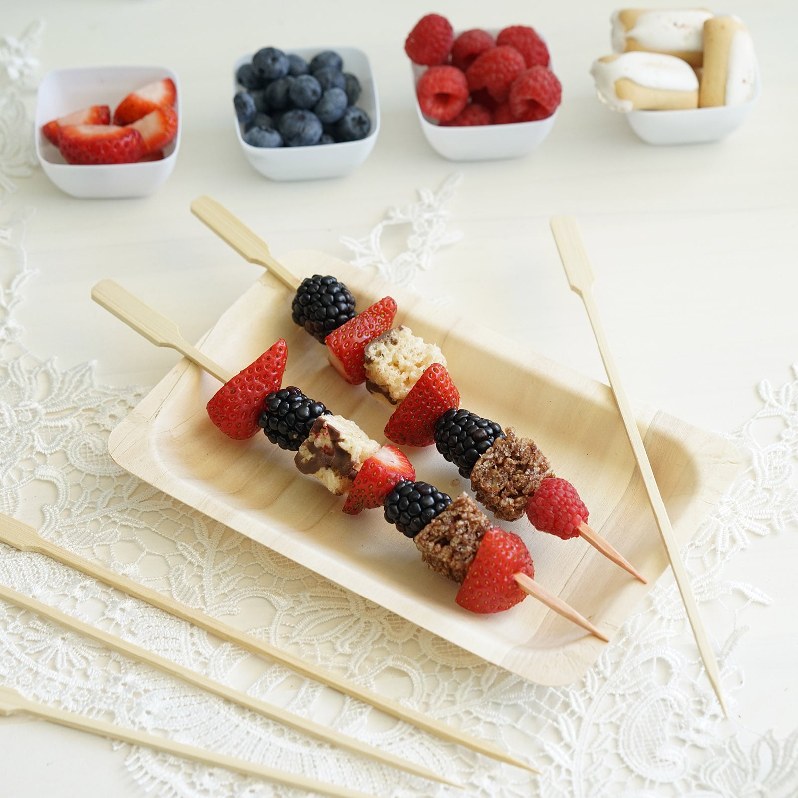Eco-friendly bamboo party picks for cocktails and snacks.