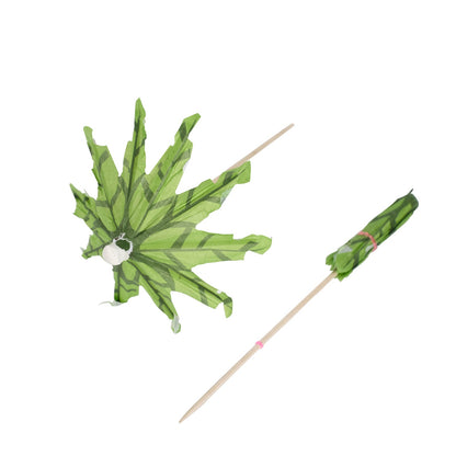 6" green tropical leaf cocktail drink umbrella picks with bamboo skewer sticks.