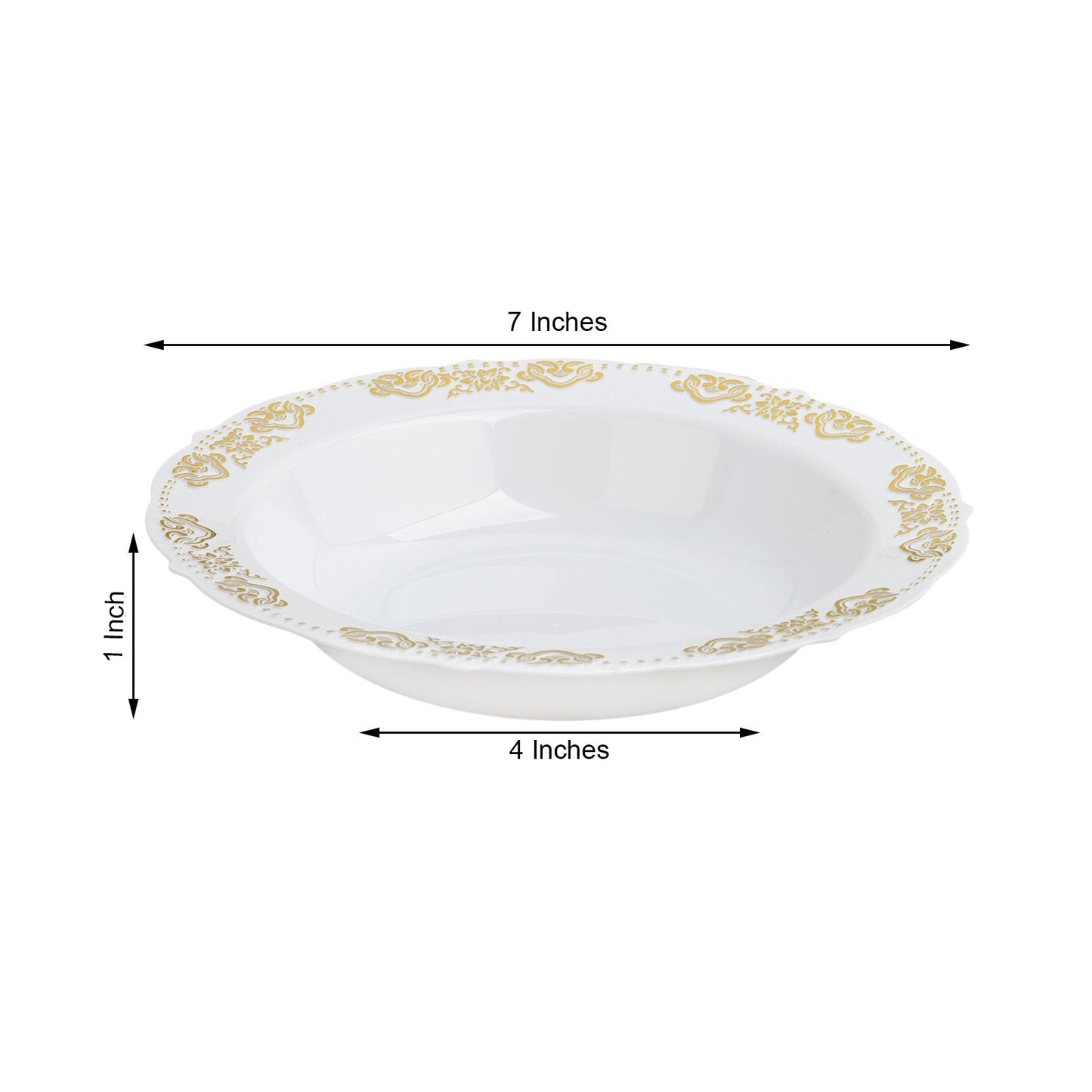 Gold embossed white disposable soup bowl with scalloped edges.