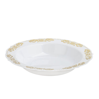 Gold embossed white disposable plastic soup bowl with scalloped edges.