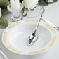 Gold embossed white disposable soup bowl with scalloped edges.