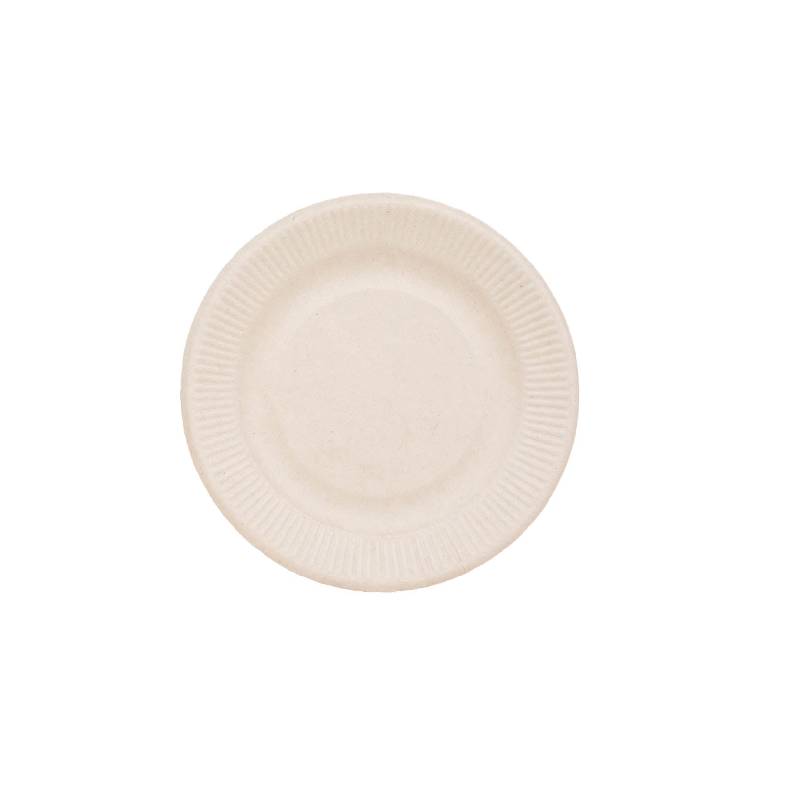Natural biodegradable bagasse dinner plate in off-white.