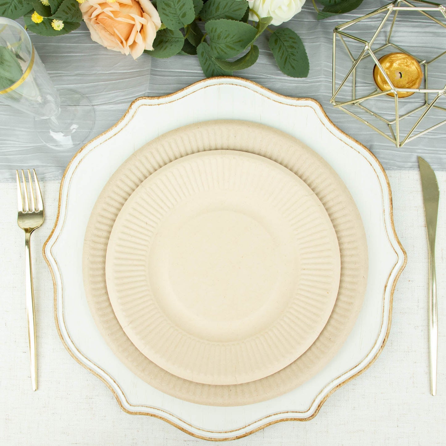 Natural biodegradable bagasse dinner plates in light beige.
