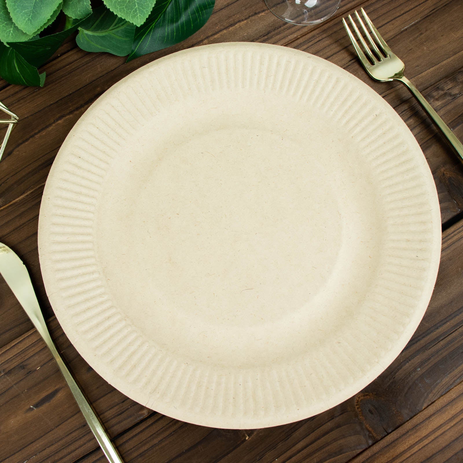Natural biodegradable bagasse dinner plate in beige. Eco-friendly disposable sugarcane plate.