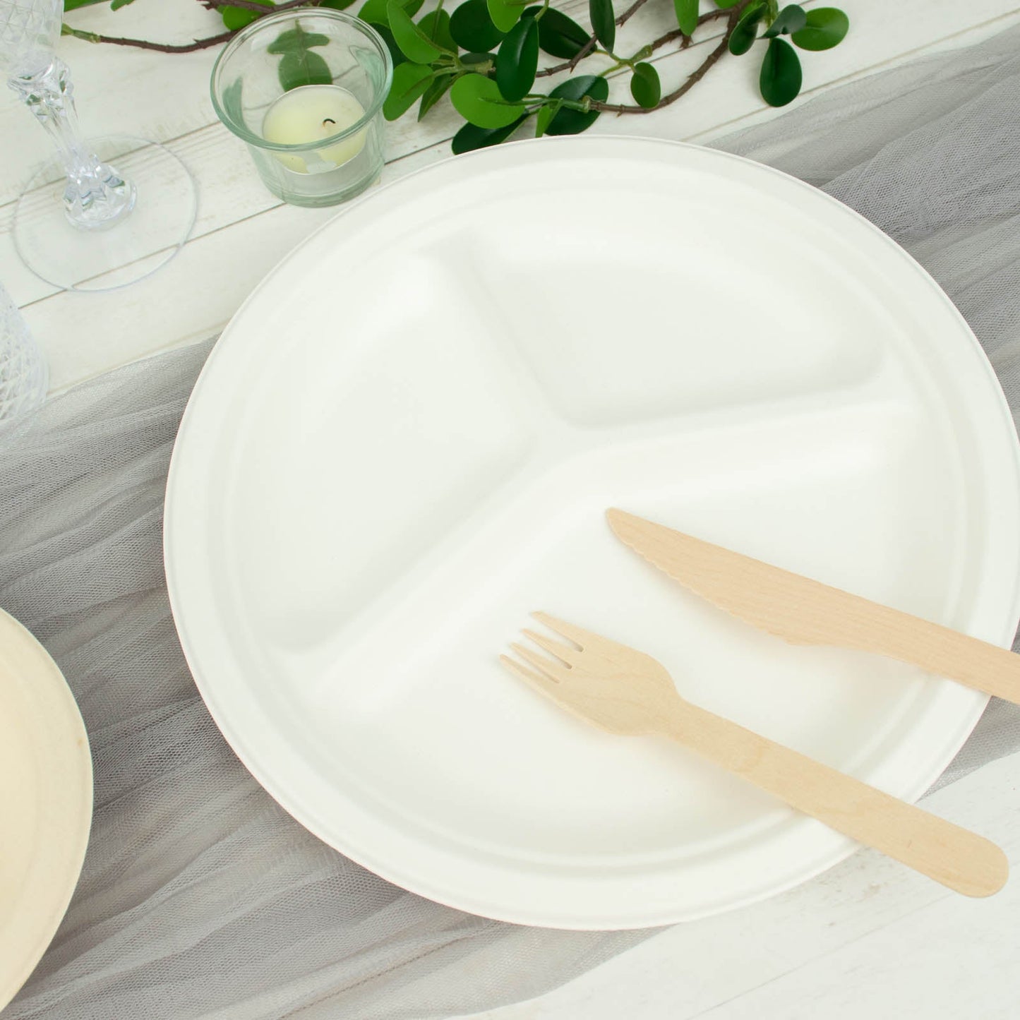 10 Inch Biodegradable Dinner Plates 50 Pack Natural Color Bagasse Material 3 Compartment Style