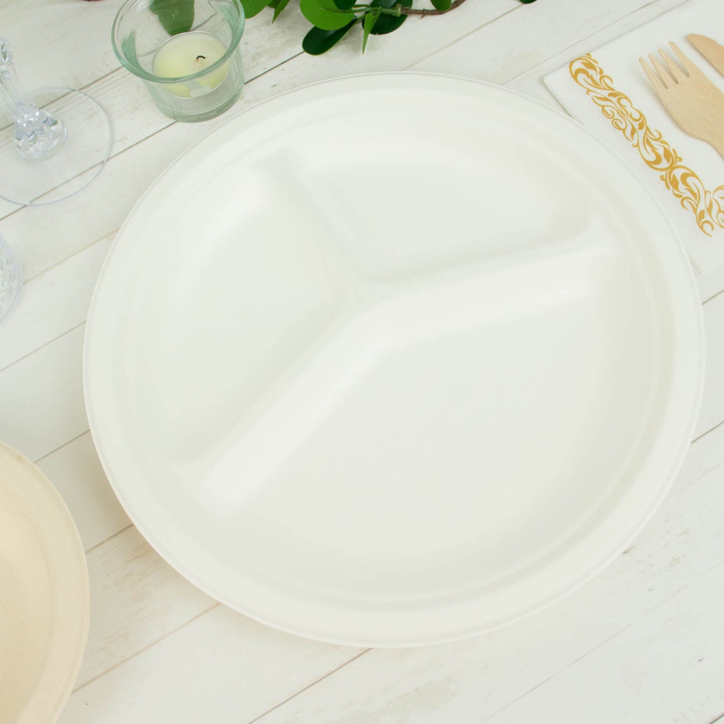 50 Pack | 10" White Biodegradable Bagasse 3-Compartment Dinner Plates, Eco Friendly Disposable Sugarcane Party Plates