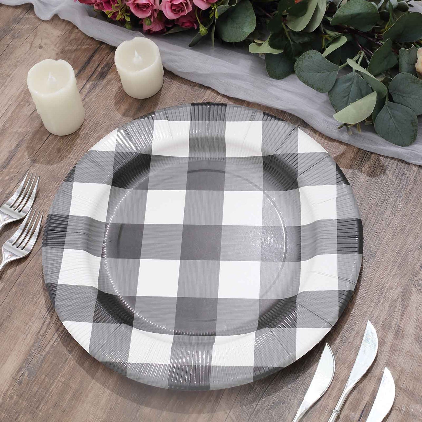 10-Pack Disposable Paper Charger Plates – Black/White Buffalo Plaid 13" Round Table Chargers, 350 GSM Cardstock