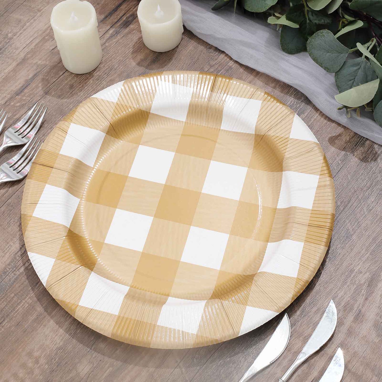 10-Pack Disposable Paper Charger Plates – Gold/White Buffalo Plaid 13" Round Table Chargers, 350 GSM Cardstock