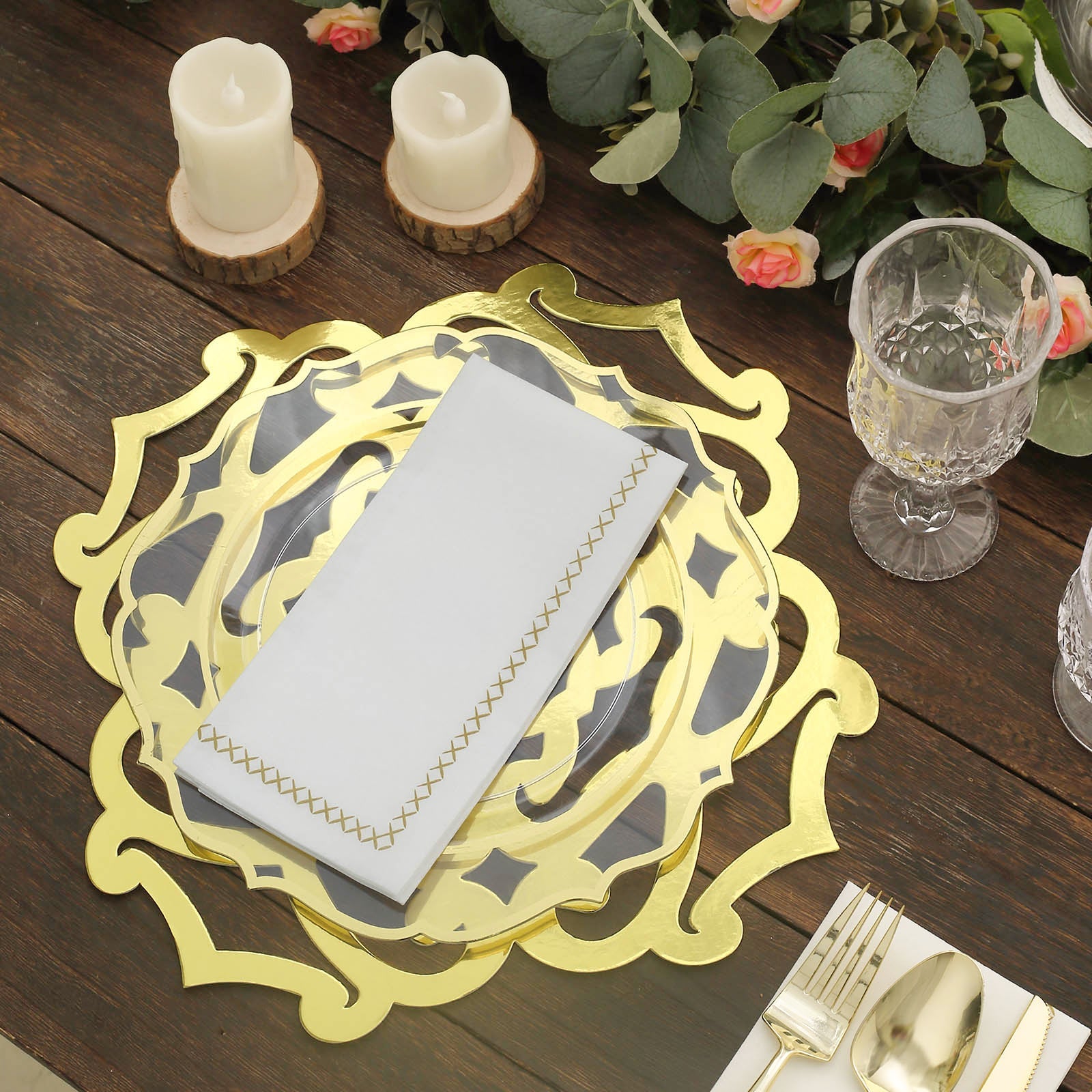 6 Pack | 13inch Metallic Gold Foil Laser Cut Flower Cardboard Placemats