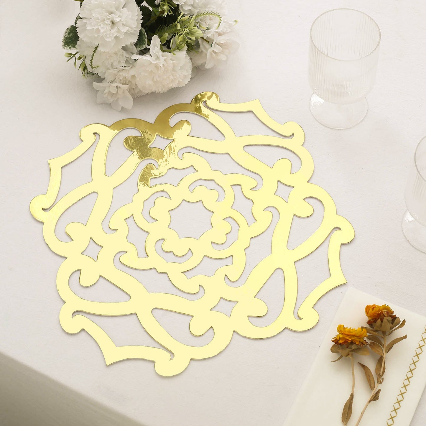 6 Pack Metallic Gold Laser Cut Flower Dining Table Mats, 13" Disposable Cardboard Placemats - 700 GSM