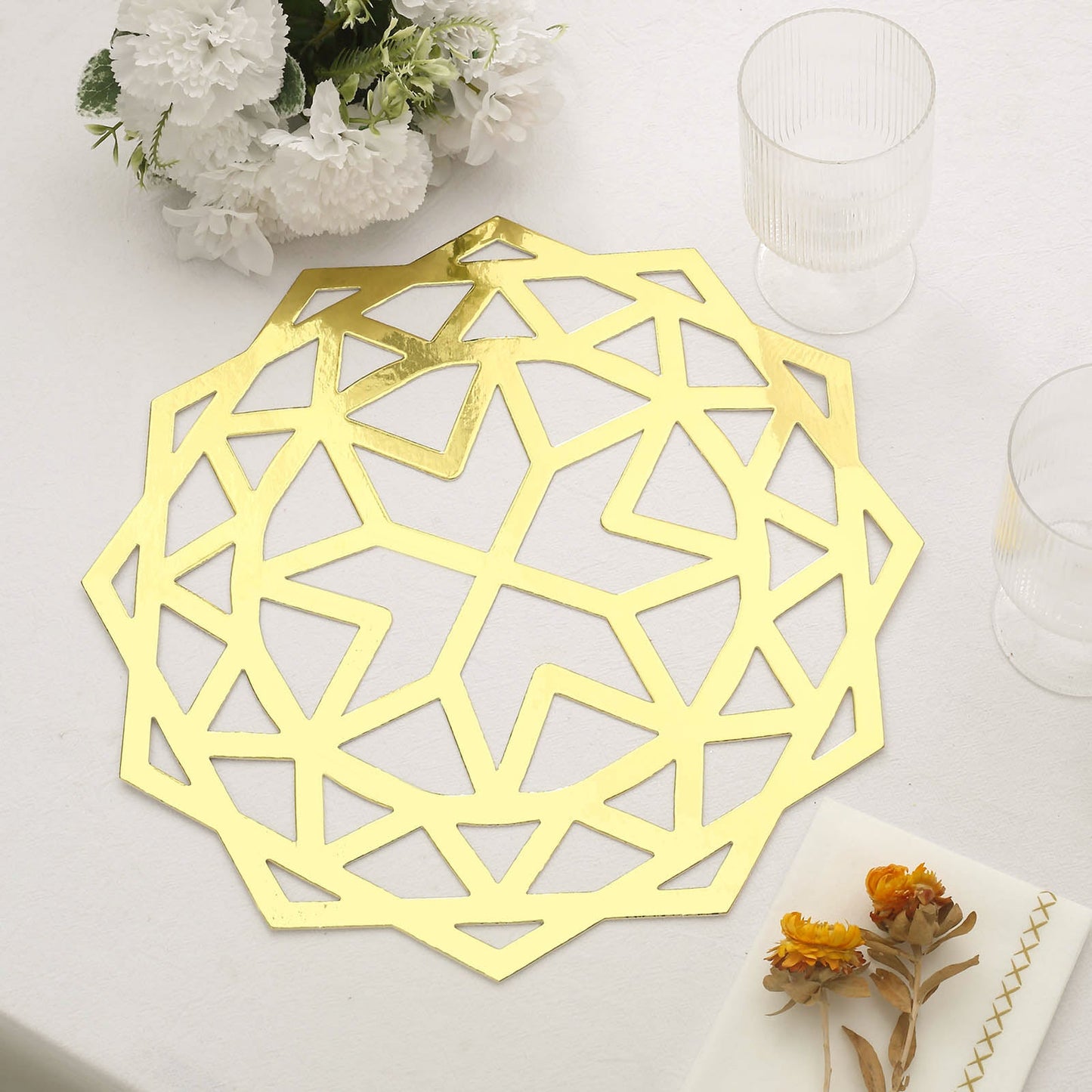 6 Pack Metallic Gold Foil Laser Cut Geometric Star Table Mats, 13" Round Disposable Cardboard Dining Placemats - 700 GSM