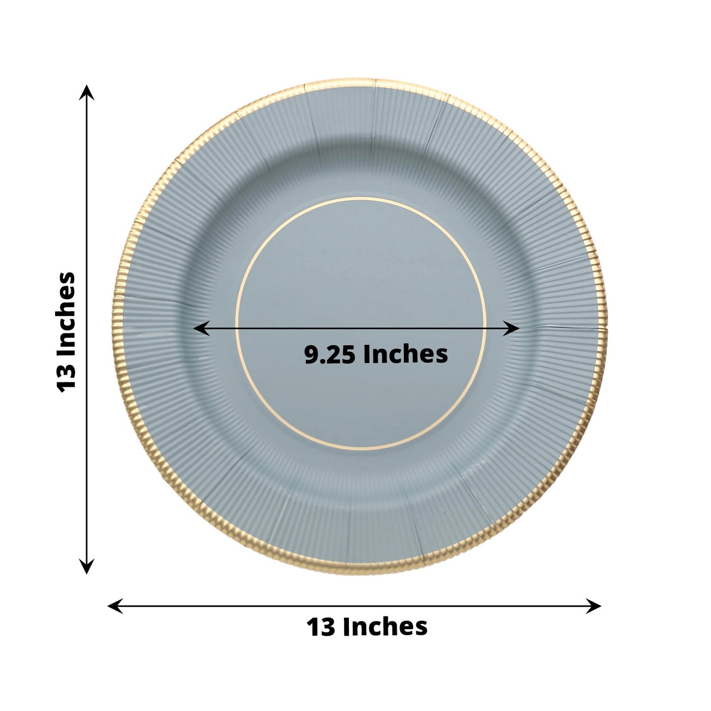 25 Pack | 13inch Dusty Blue Gold Rim Sunray Disposable Charger Plates