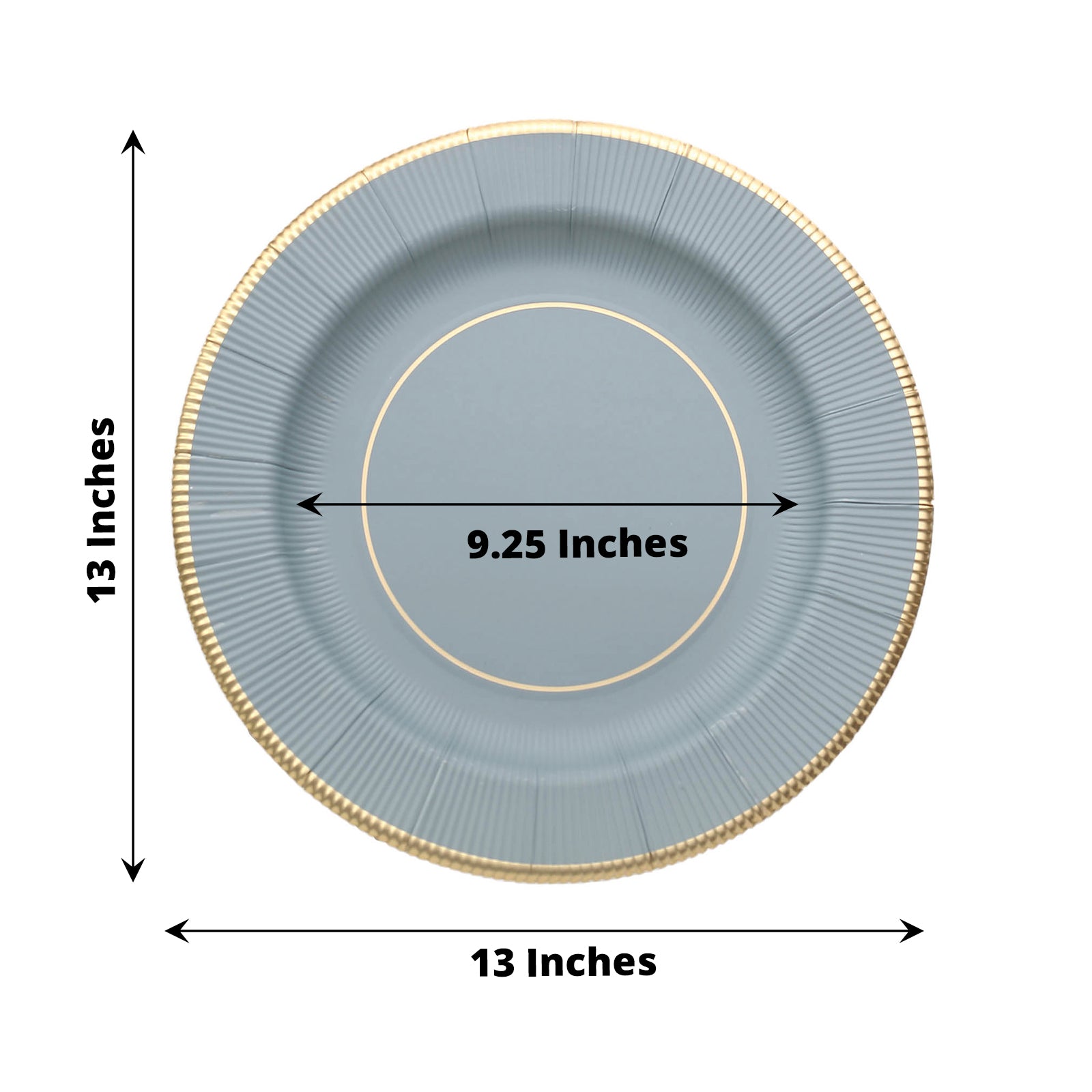 25 Pack | 13inch Dusty Blue Gold Rim Sunray Disposable Charger Plates