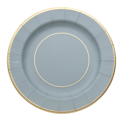 25 Pack | 13inch Dusty Blue Gold Rim Sunray Heavy Duty Paper Serving Plates#whtbkgd