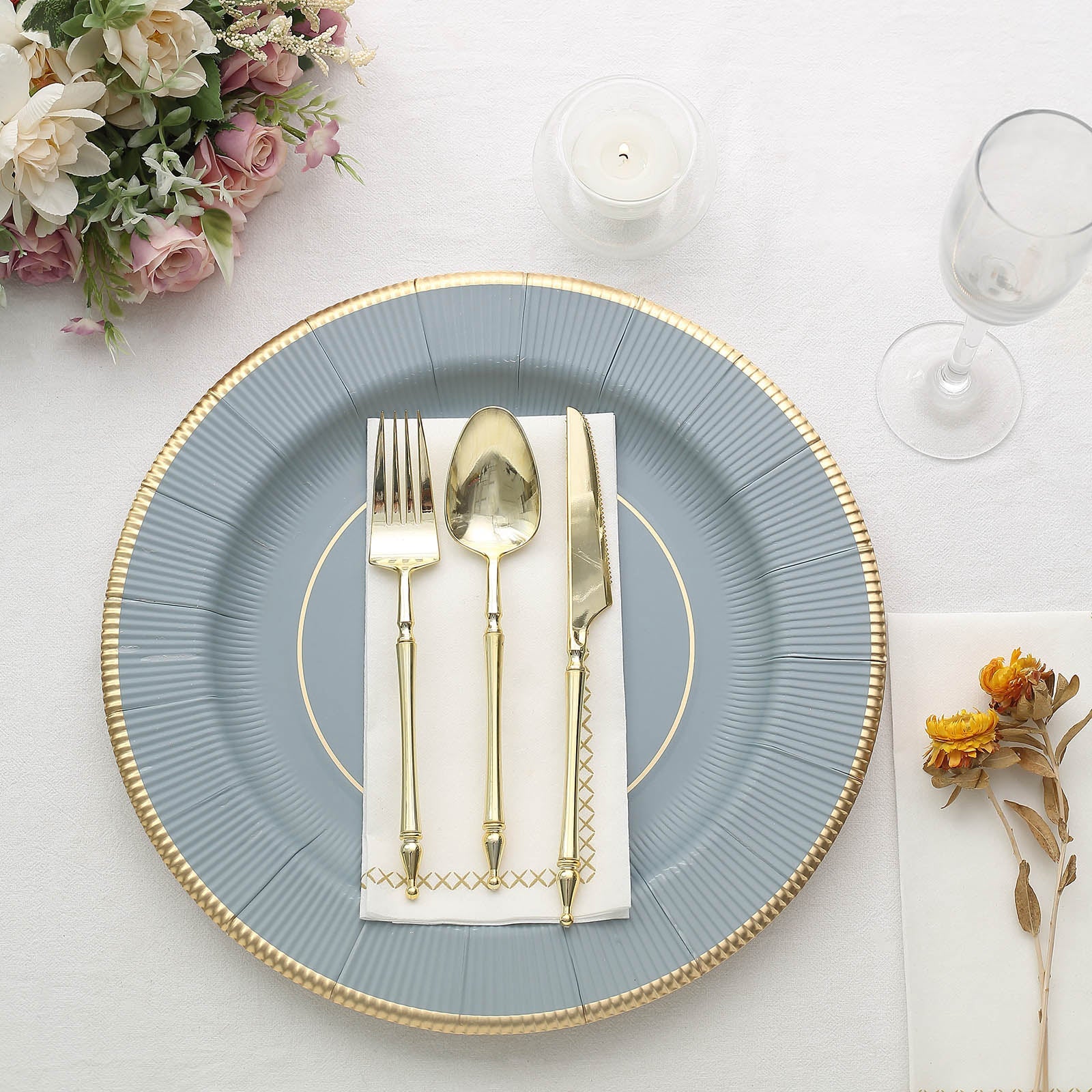 25 Pack | 13inch Dusty Blue Gold Rim Sunray Heavy Duty Paper Serving Plates