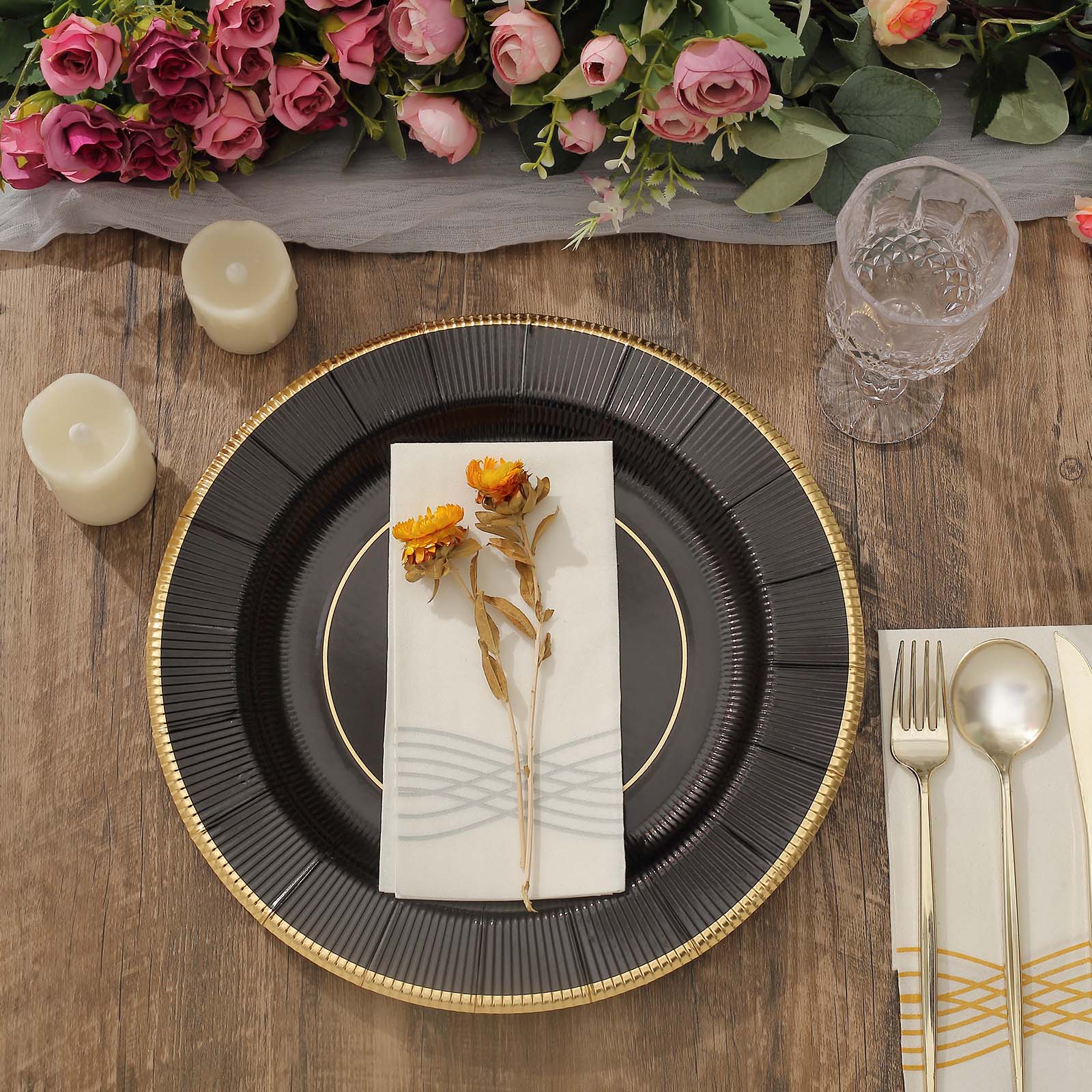 25 Pack | 13inch Black Sunray Disposable Serving Plates, Heavy Duty Paper Charger Plates - 350 GSM
