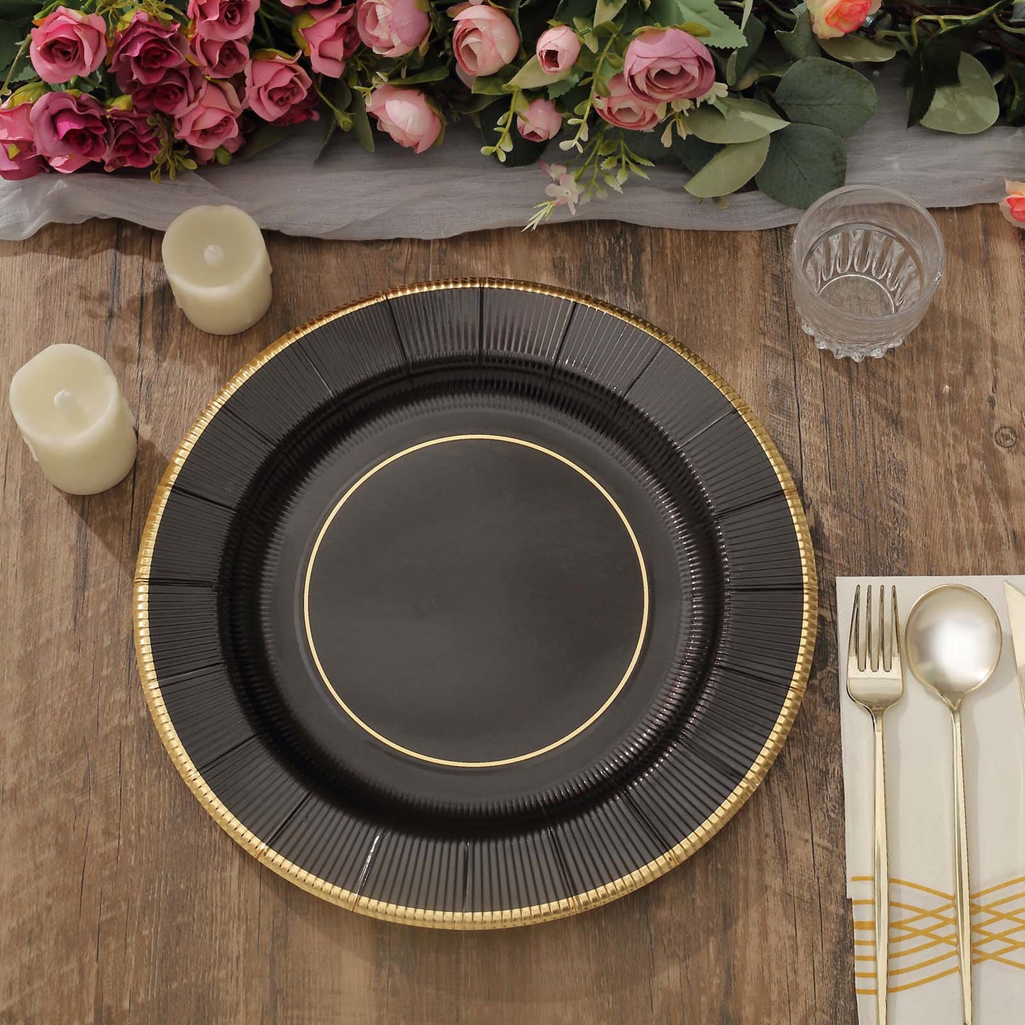 25 Pack | 13inch Black Sunray Disposable Serving Plates, Heavy Duty Paper Charger Plates - 350 GSM

