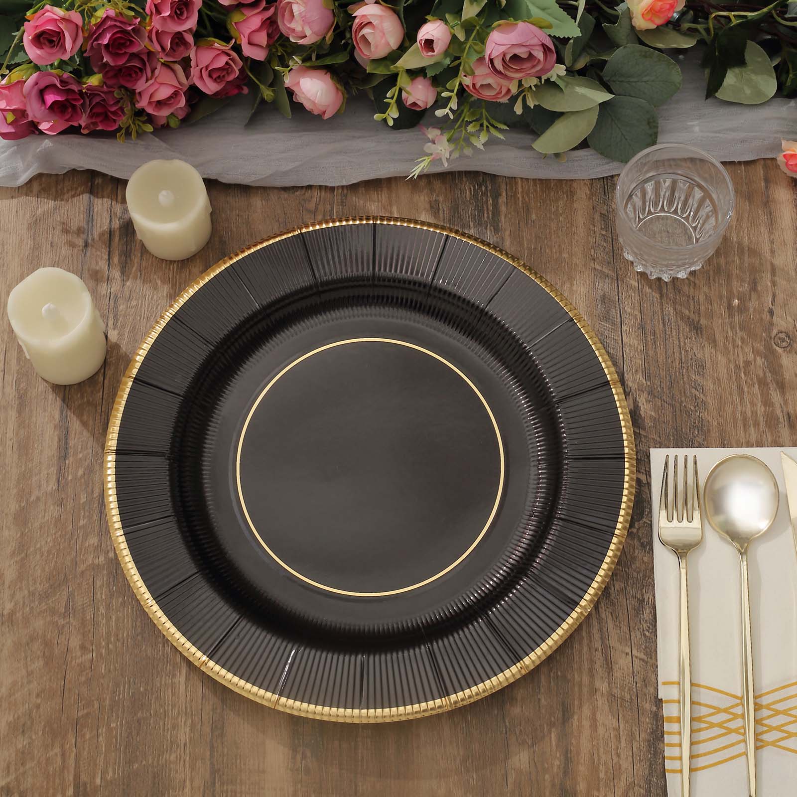 25 Pack | 13inch Black Sunray Disposable Serving Plates, Heavy Duty Paper Charger Plates - 350 GSM
