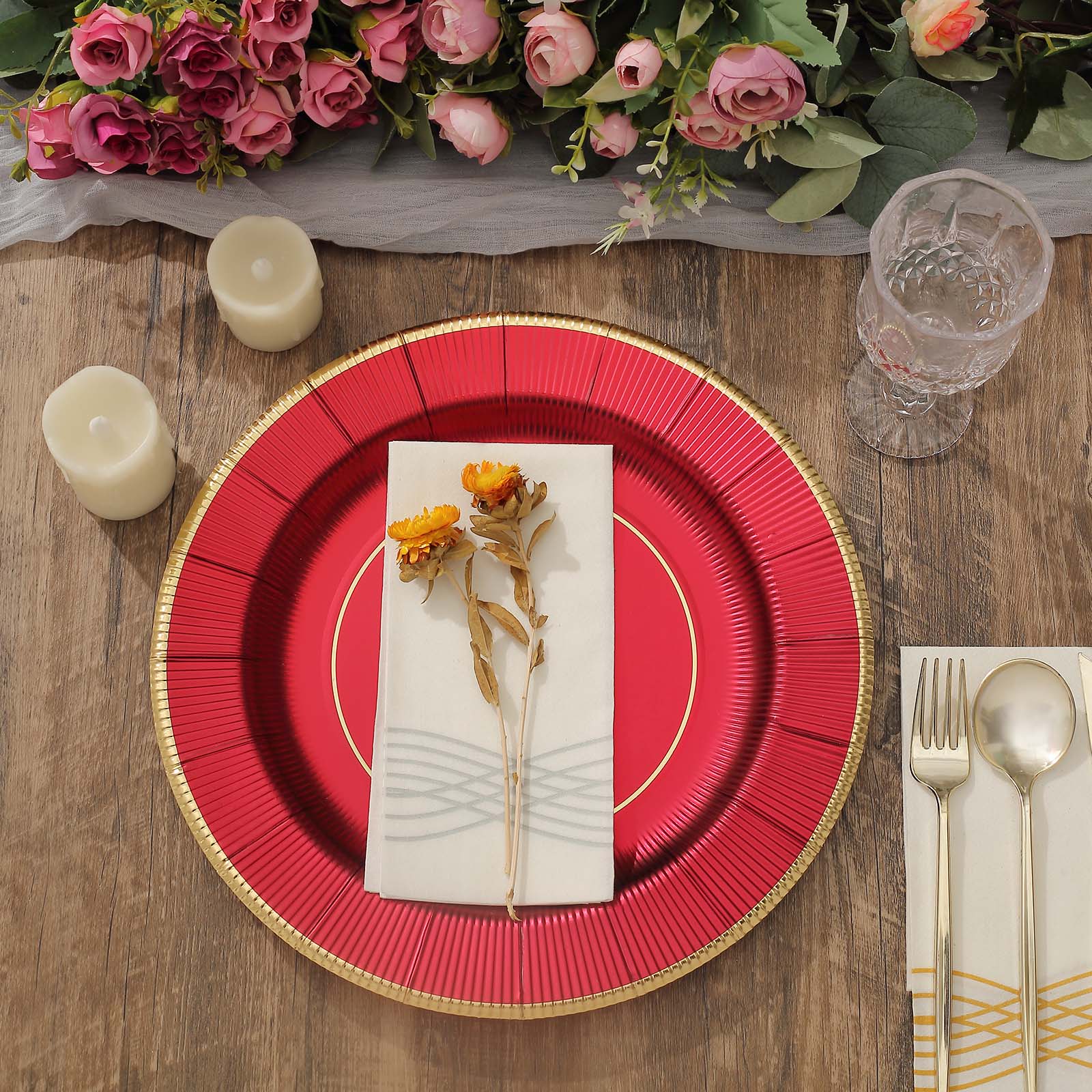 25 Pack | 13inch Burgundy Sunray Disposable Serving Plates, Heavy Duty Charger Plates - 350 GSM