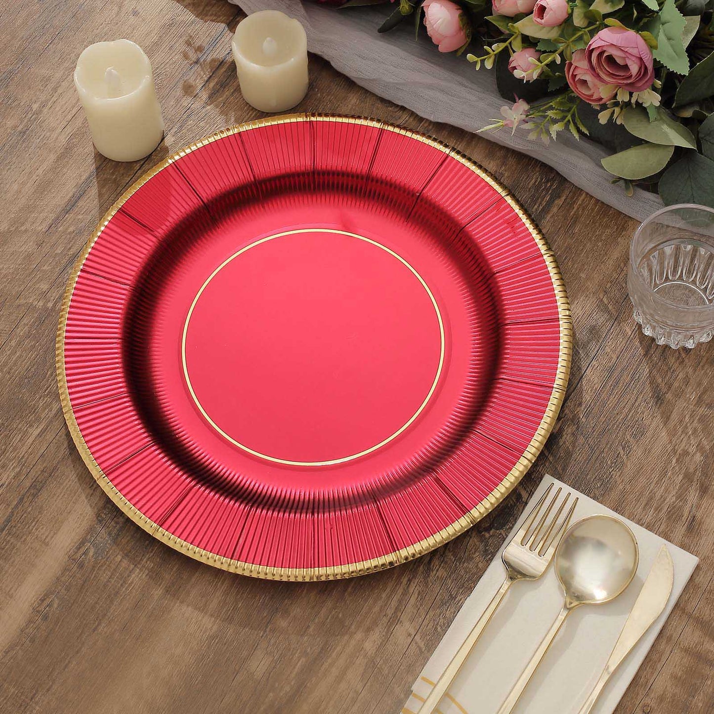 25 Pack | 13" Burgundy Sunray Disposable Serving Plates, Heavy Duty Paper Charger Plates - 350 GSM
