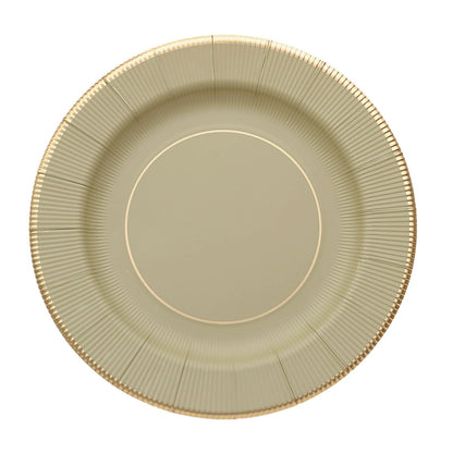 25 Pack | 13inch Khaki Gold Rim Sunray Heavy Duty Paper Serving Plates#whtbkgd