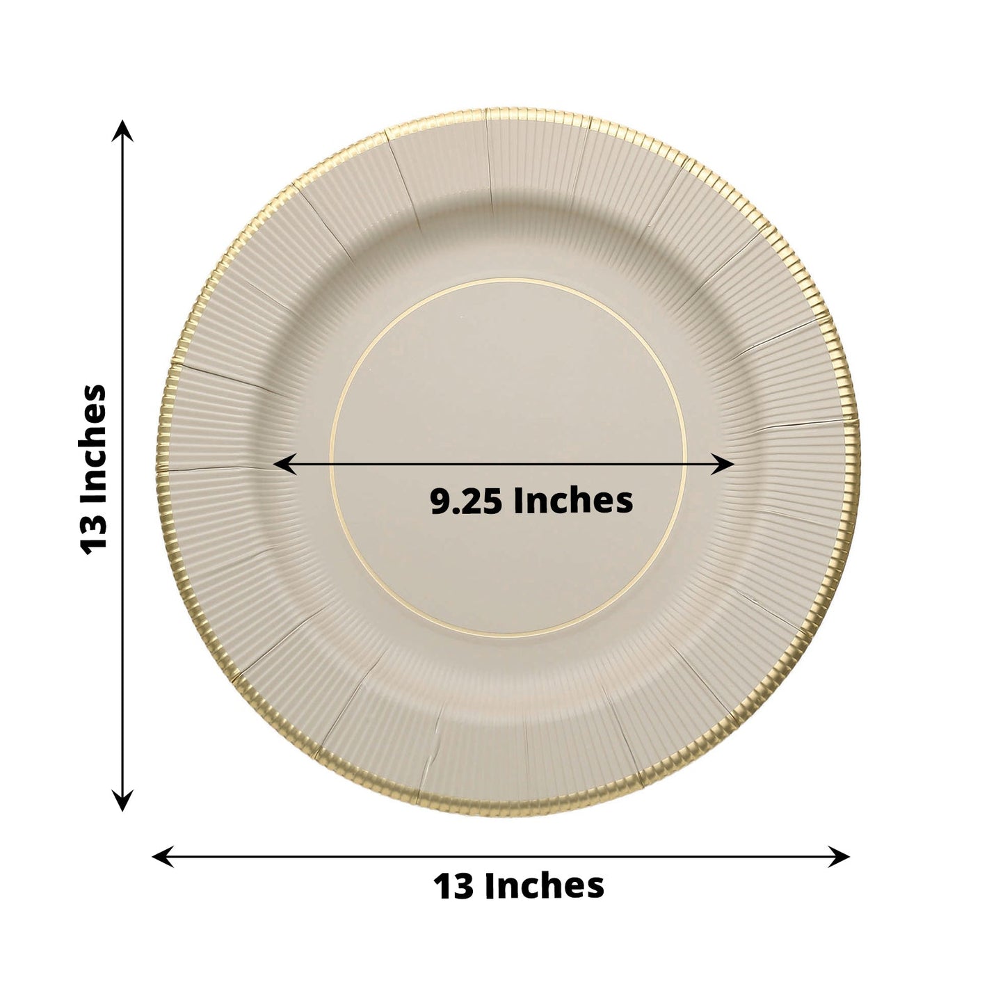25 Pack | 13inch Taupe Gold Rim Sunray Heavy Duty Paper Serving Plates