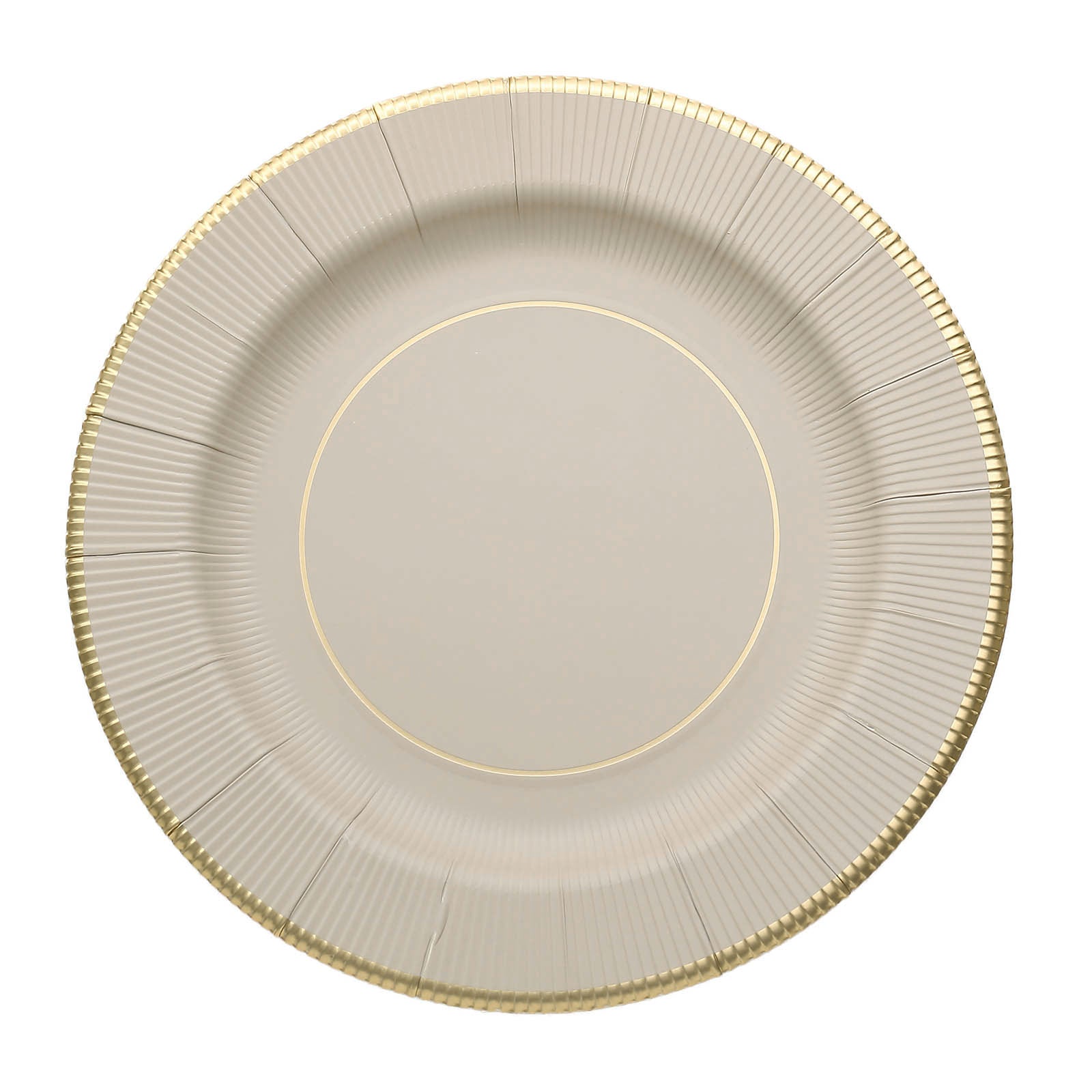 25 Pack | 13inch Taupe Gold Rim Sunray Heavy Duty Paper Serving Plates#whtbkgd