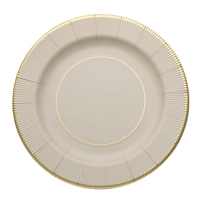 25 Pack | 13inch Taupe Gold Rim Sunray Heavy Duty Paper Serving Plates#whtbkgd