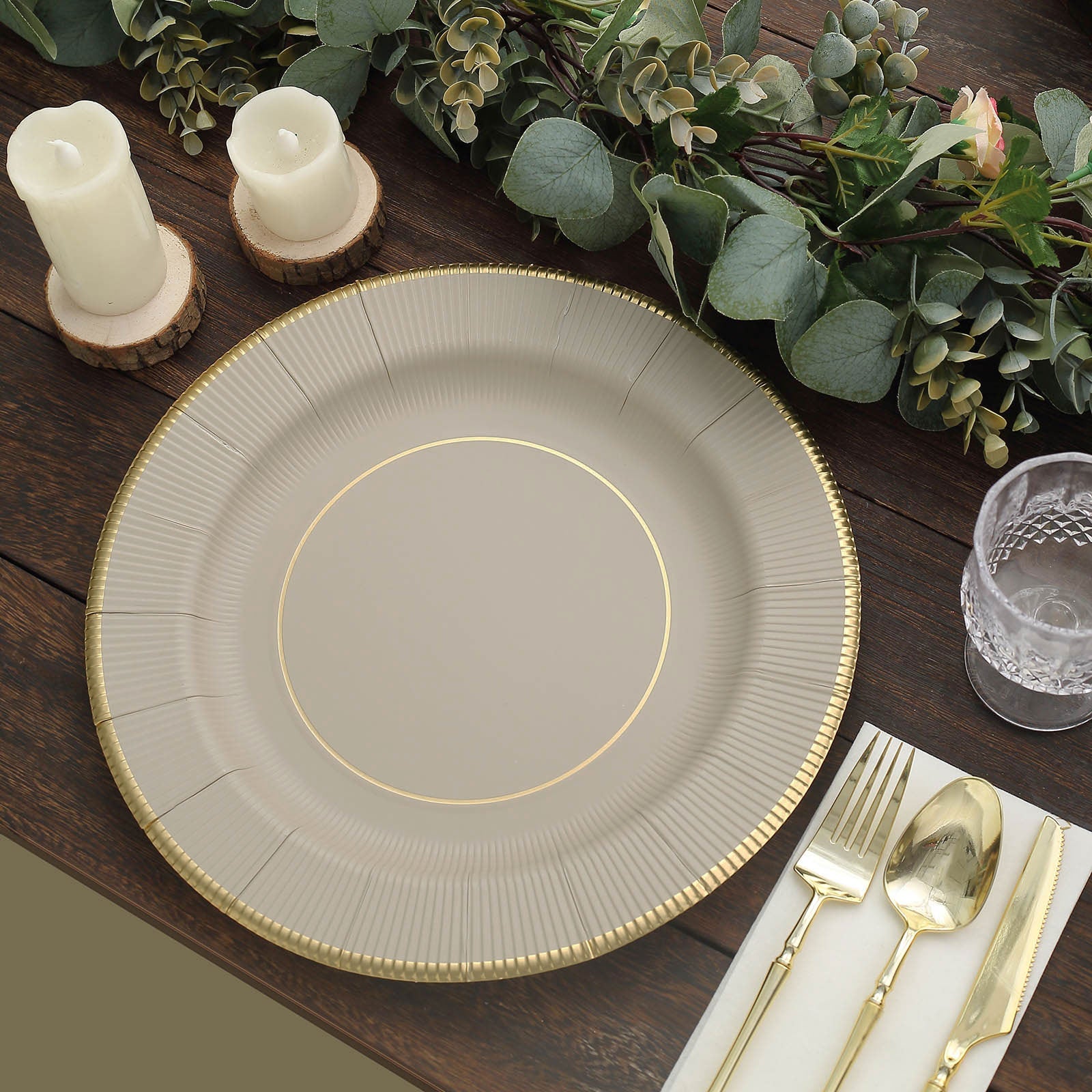 25 Pack | 13inch Taupe Gold Rim Sunray Heavy Duty Paper Serving Plates
